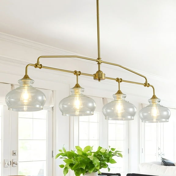 58-inch Adjustable Brass Pendant Light, 4-Light Farmhouse Chandelier with Clear Glass Shades, Dimmable Hanging Light for Kitchen Island, Dining Table