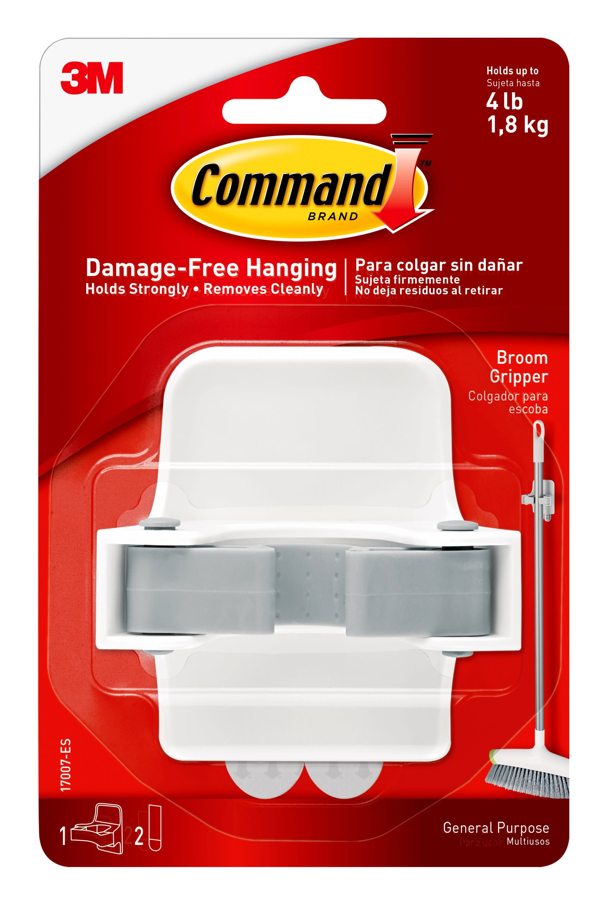 Command Broom and Mop Grippers Wall Hook, White, Damage Free Organizing, 1 Hanger