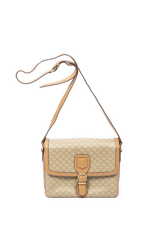 Pre-Owned Celine Beige/Tan Flap Buckle Crossbody Shoulder bag Macadam Coated Canvas