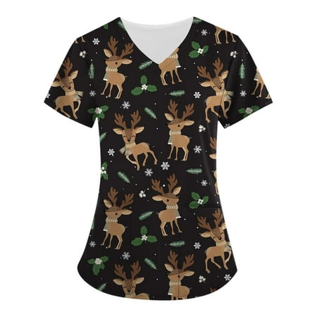 

Ovticza Fall Scrubs for Women Christmas Snowman Print V Neck Uniforms Scrub Top for Women with Pockets Short Sleeve Nursing Basics Holiday Top Scrubs Green 3XL