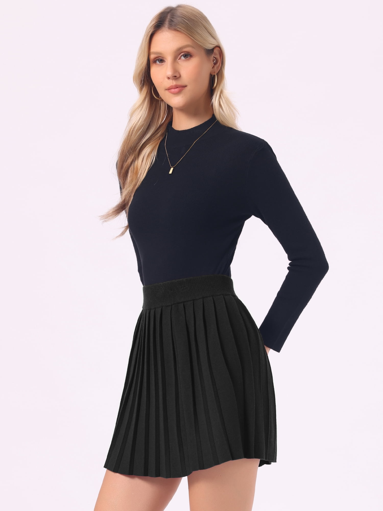 DARING DIVA Women's Pleated Knit Skirt High Waist A-Line Mini Skirts M Black