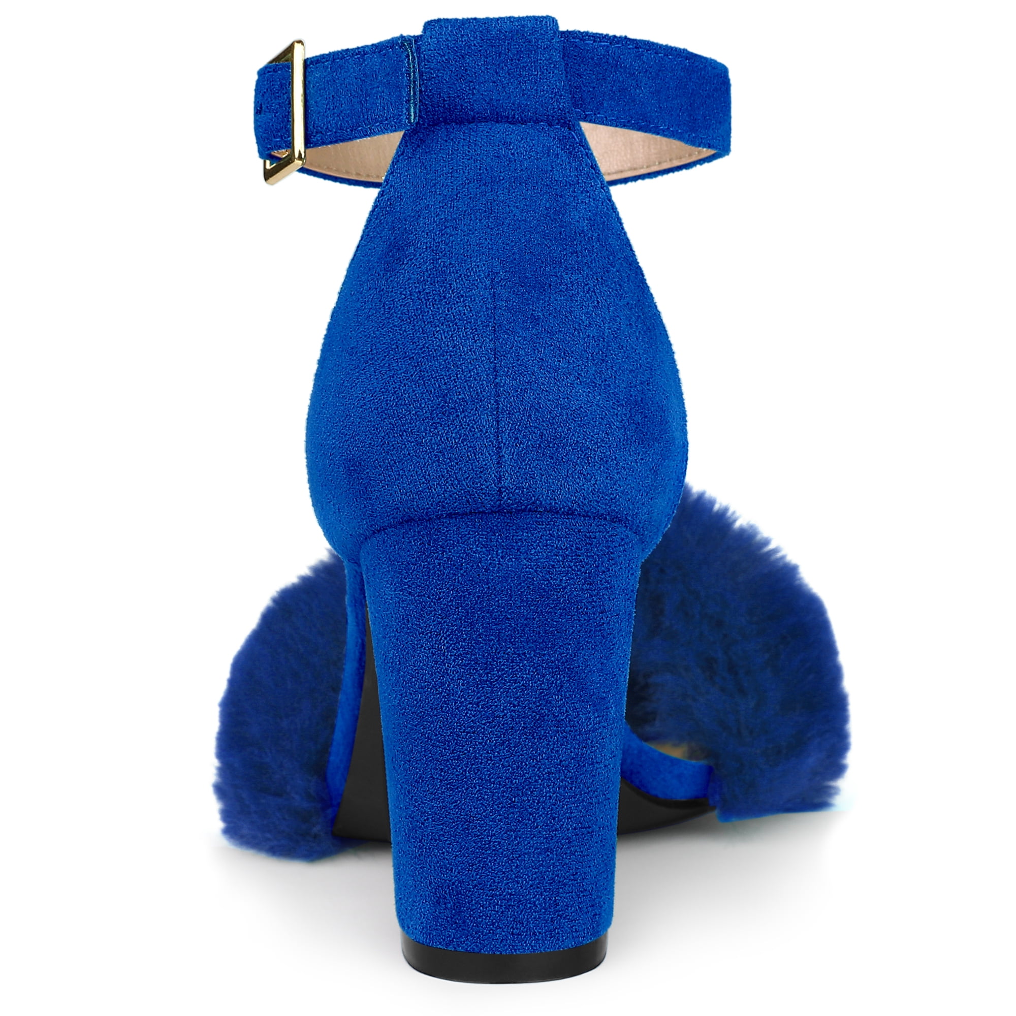 DARING DIVA Women's Ankle Strap Faux Fur Block Heels Beige Sandals for Wear Blue 6