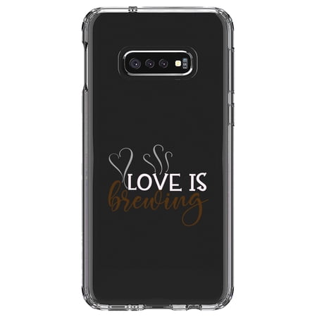 DistinctInk Clear Shockproof Hybrid Case for Samsung Galaxy S10e (5.8 Screen) - TPU Bumper Acrylic Back Tempered Glass Screen Protector - Love is Brewing - Coffee