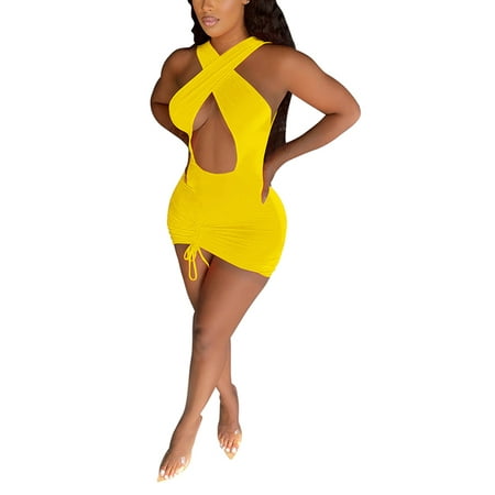 

Amuver Women Sexy Dress Sleeveless Halter Neck Solid Color Hollow Out One-piece S/ M/ L/ XL/ XXL