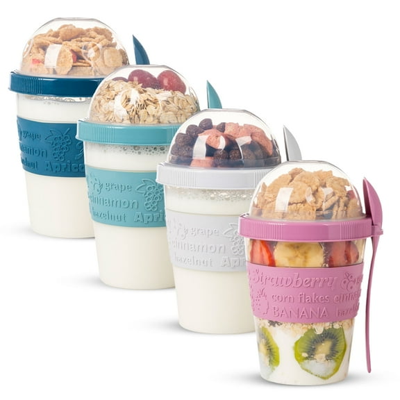 EYNEL 4 Pack On The Go Cereal Yogurt Containers with Lids and Spoon, Reusable Parfait Cups Plastic Milk Multicolor Freezer Safe Overnight Oats Food Storage Jar