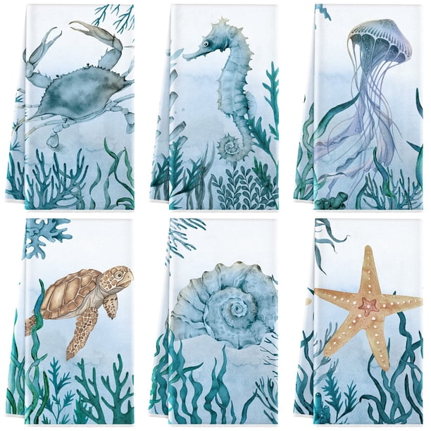 Juego de 6 paños de cocina Boyiee de microfibra Ocean, 60 x 40 cm