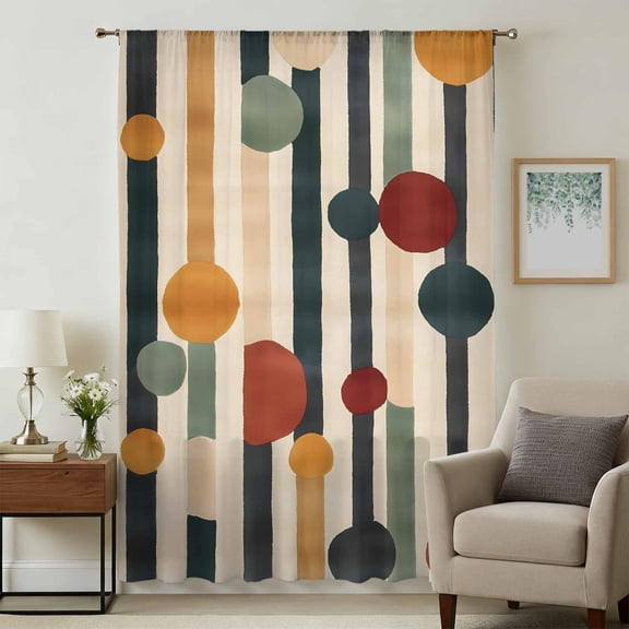 Abstract Boho Sheer Curtains 63 Inches Long, Vintage Multicolored Geometric Stripes Light Filering Curtains, Breathable Simi Curtain Privacy Drapes for Living Room Bedroom Window Treatment
