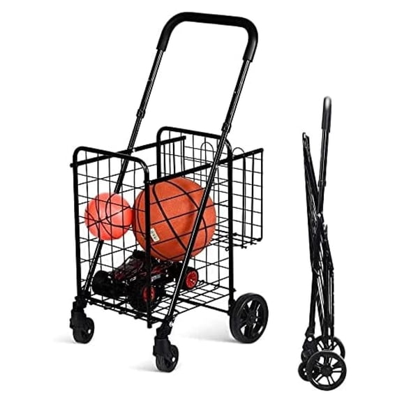 Foldable Shopping Cart with Wheels, Grocery Cart Double Basket, Adjustable Handle Utility Cart for Laundry, Travel - 50lbs Capacity