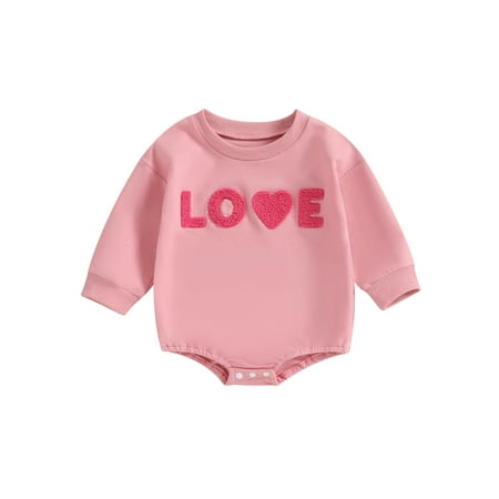 

Thaisu Infant Girl Valentine´s Day Jumpsuit Fuzzy Letter Heart Embroidery Round Neck Long Sleeve Romper