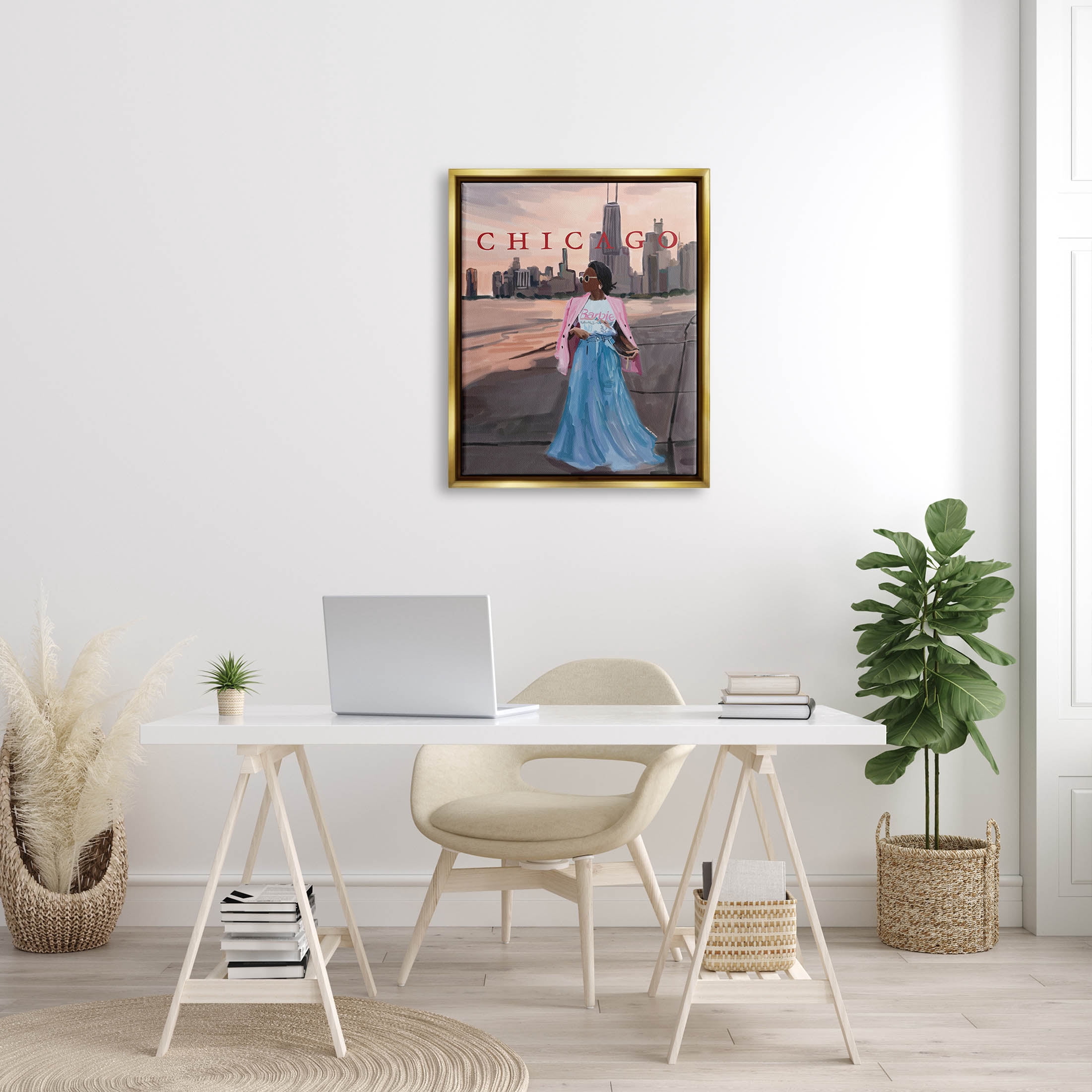 Stupell Industries Fashionable Woman Urban Chicago City Graphic Art Metallic Gold Floating Framed Canvas Print Wall Art, Design by Amelia Noyes