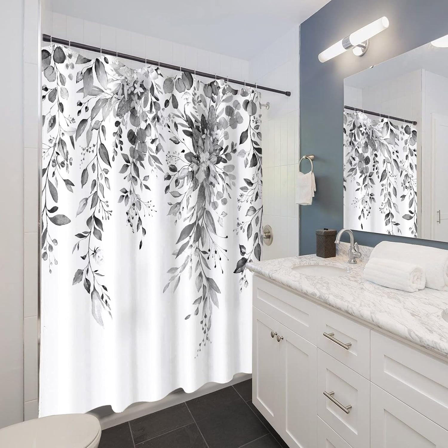 Gray and White Eucalyptus Shower Curtain Watercolor Grey Floral Plant Leaf Shower Curtains for Bathroom Botanical Flower Waterproof Fabric Bath Curtain Decor with Hooks (Black, 72'''' x 72'''')