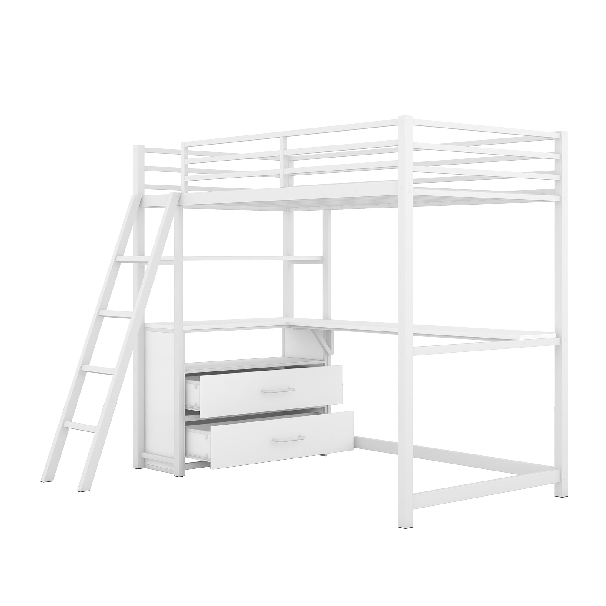 Yoneston Twin Size Loft Bed with Desk Shelve and Two Built-in Drawers, Heavy Duty Metal & Wood Loft Bed for Kids Toddles Bedroom, White
