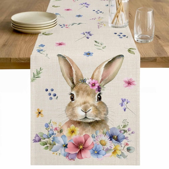 Bunny Easter Table Runner - 70 Inch Long Spring Floral Pastoral Rabbits Rustic Cotton and Linen Blended Dress Scarves Farmhouse Table Runner for Kitchen Dining, Coffee Table, 13" x 70"