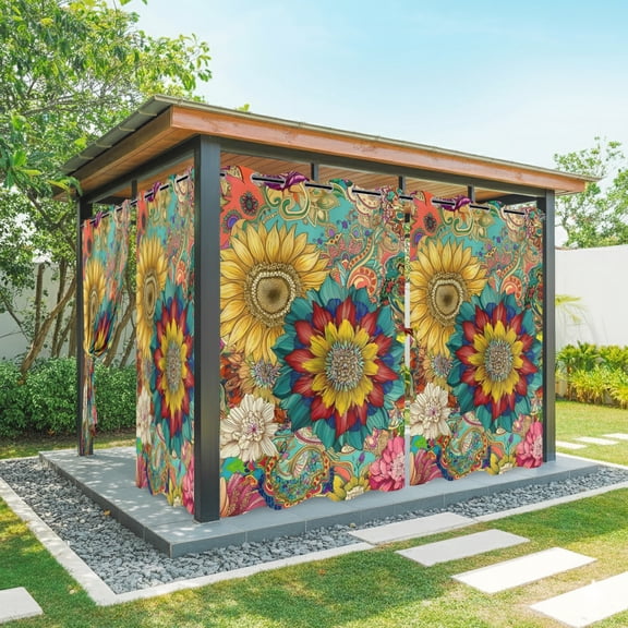 Vintage Sunflowers Outdoor Curtains for Patio, Red Yellow Teal Paisley Swirls Floral Boho Sunshade Privacy Drapes Grommet Waterproof Outside Curtains for Porch/Cabana/Balcony 54"x 84", 2 Panel