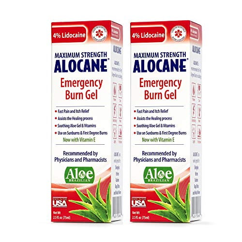 Alocane® Emergency Burn Gel, 4% Lidocaine Max Strength Fast Pain Itch Relief for Minor Burns, Sunburn, Kitchen, Radiation, Chemical, First Degree Burns, First Aid Treatment Burn Care 2.5 Fl Oz, 2 Pack