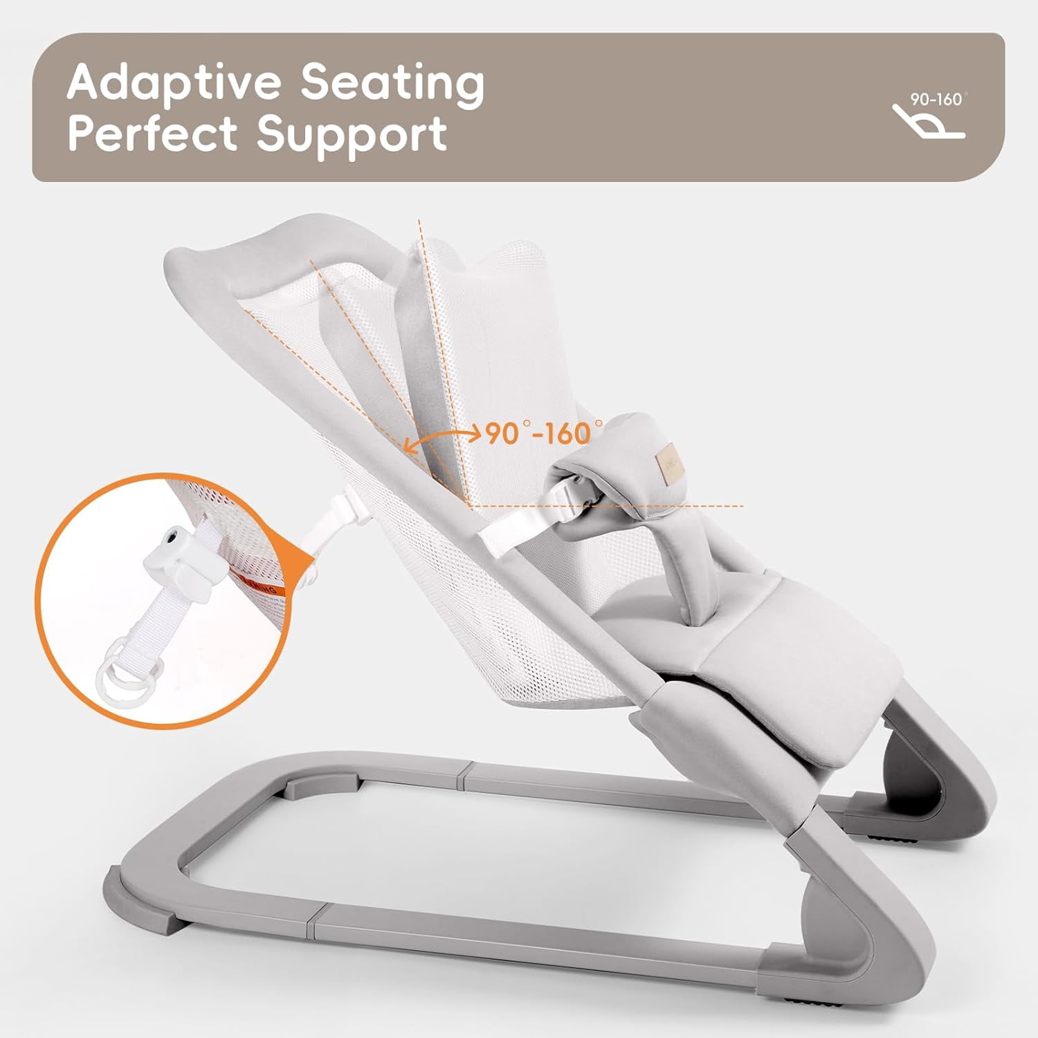 Portable Baby Bouncer & Rocker Seat for Infants, Adjustable Reclining Baby Chair with 3-Point Safety Harness, Lightweight Foldable Design for 0-18 Months, Supports Up to 60 lbs, Grey