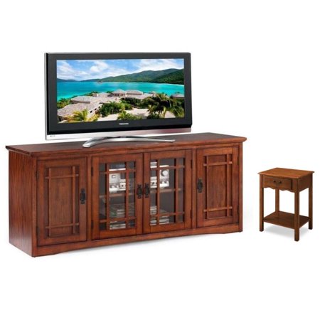 Home Square 2-Piece Set with 60  TV Stand and 1-Drawer Nightstand in Medium Oak