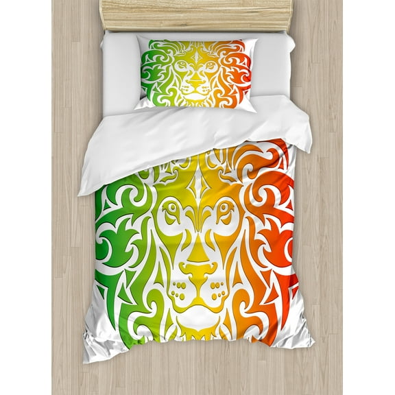 Rasta Duvet Cover Set, Lion Portrait in Vivid Colors Portrait Head King of Jungle Image, Decorative 2 Piece Bedding Set with 1 Pillow Shams, Twin Size, Fern Green Orange, by Ambesonne