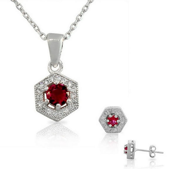 925 Sterling Silver Pink White CZ Hexahedron Round Pendant Necklace Stud Earrings Set