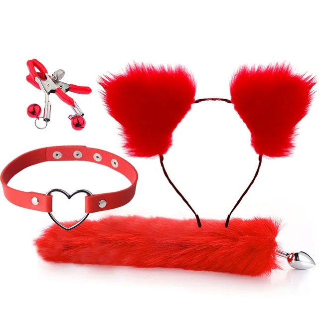 Sexy Fox Tail Anal Plug Cute Cat Ears Headbands Set Nipple Clip Neck Collar Metal Butt Plug Couple Cosplay For Adult Sex Toys