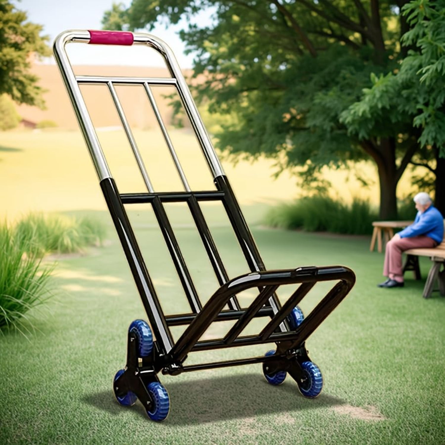 Heavy Duty Folding Hand Truck with Stair Climbing Wheels, 330 lbs Capacity, Portable Dolly Cart with All-Terrain Tires & 3 Tie-Down Straps for Moving, Luggage, Shopping, Office