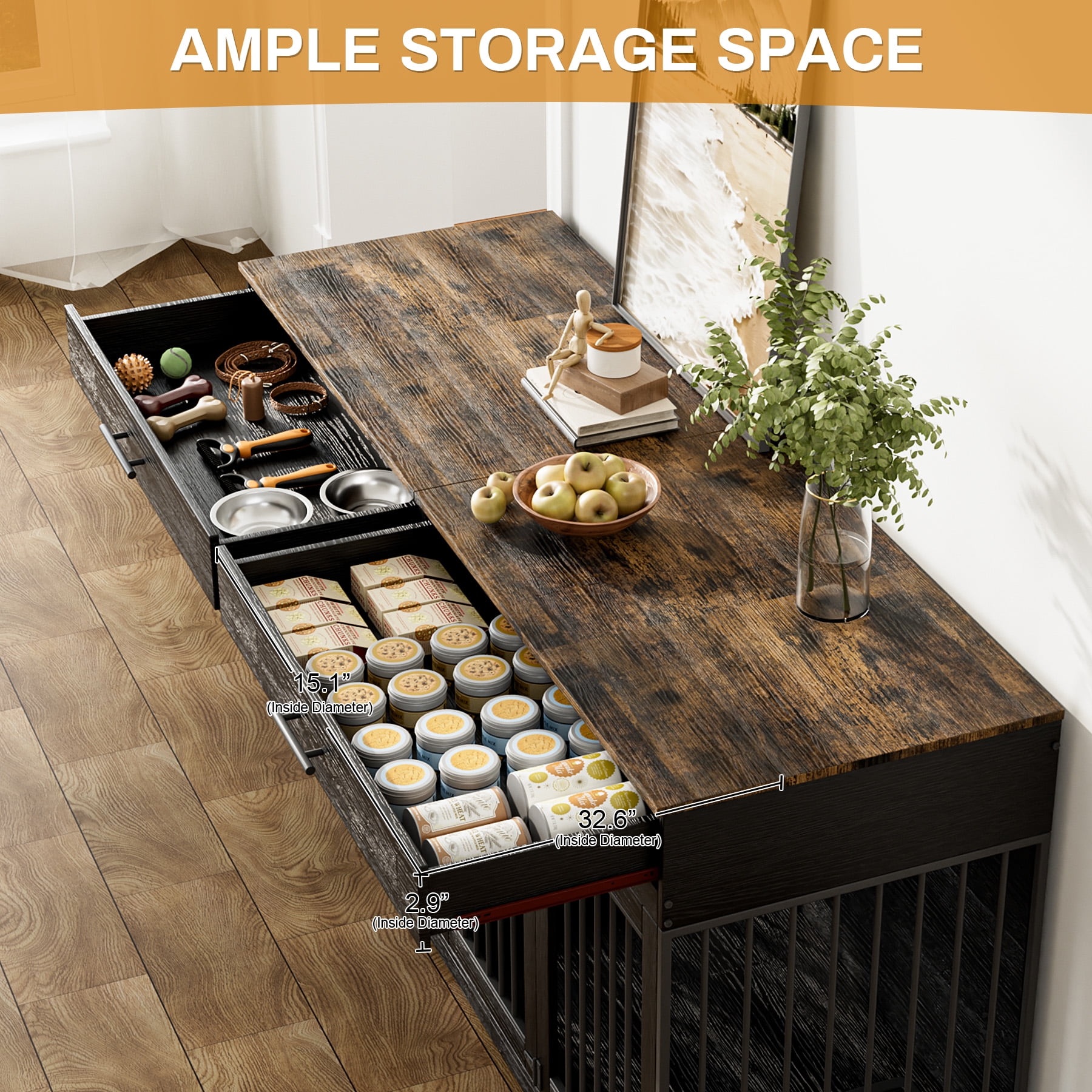 WIILAYOK 72.05" Dog Crate Furniture, Wooden Dog Kennel with 2 Drawers and 4 Dog Bowls, Heavy Duty Indoor Furniture Style Dog Cage House(Black Brown)