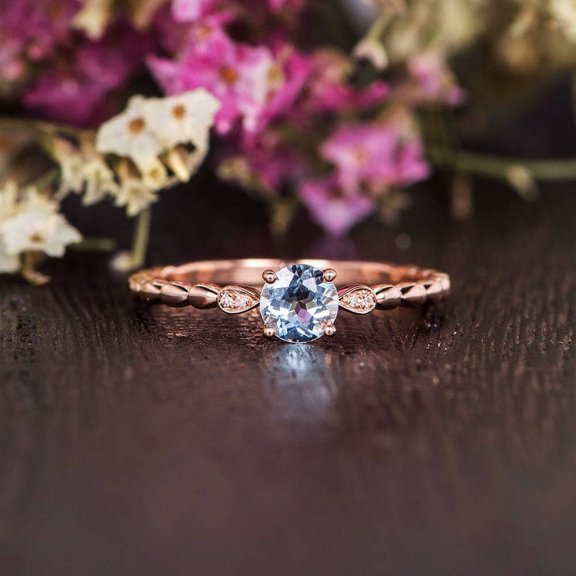 Round Cut Natural Aquamarine Engagement Ring Gold Plated Solid Silver Wedding Ring Moissanite Accented Ring March Birthstone Ring For Women