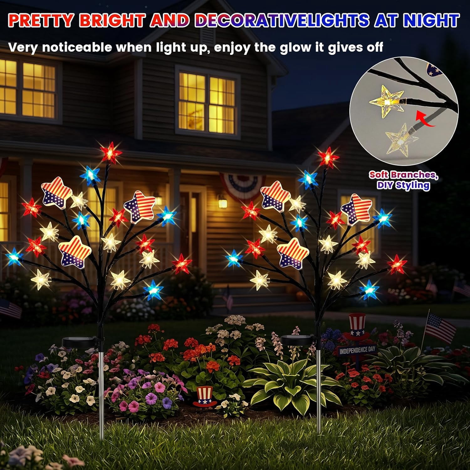 4th of July Decor Outdoor, 2 Pack Red White Blue Star Solar Garden Lights with 8 Modes, Twinkle Star Tree Lights Pathway Lights Outdoor Waterproof, Patriotic Lights for Independence Day Memorial Day