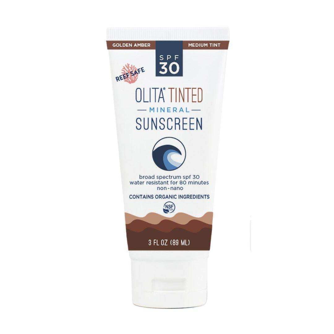 Tinted Mineral Sunscreen SPF 30 Lotion, by Olita - Golden Amber - 3 oz - Broad Spectrum, Chemical Free, All-Natural, Reef Safe, Organic, Zinc Sunblock, Water-Resistant
