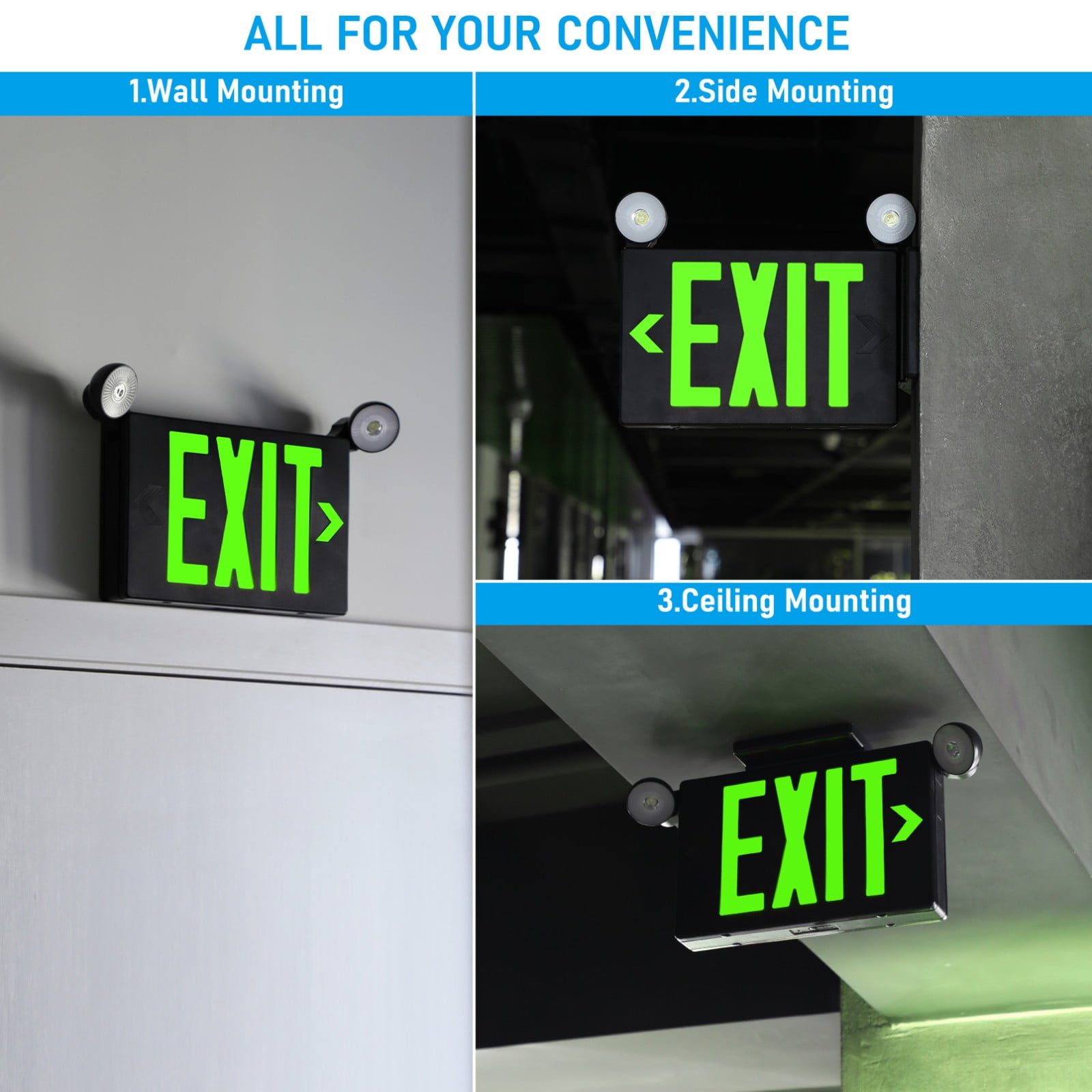 8 Pack Green LED Exit Sign Emergency Lights, Double Face, UL 924 Combo Exit Light, Two Adjustable Head Emergency Exit Light, Backup Battery for Business, Commercial, Black