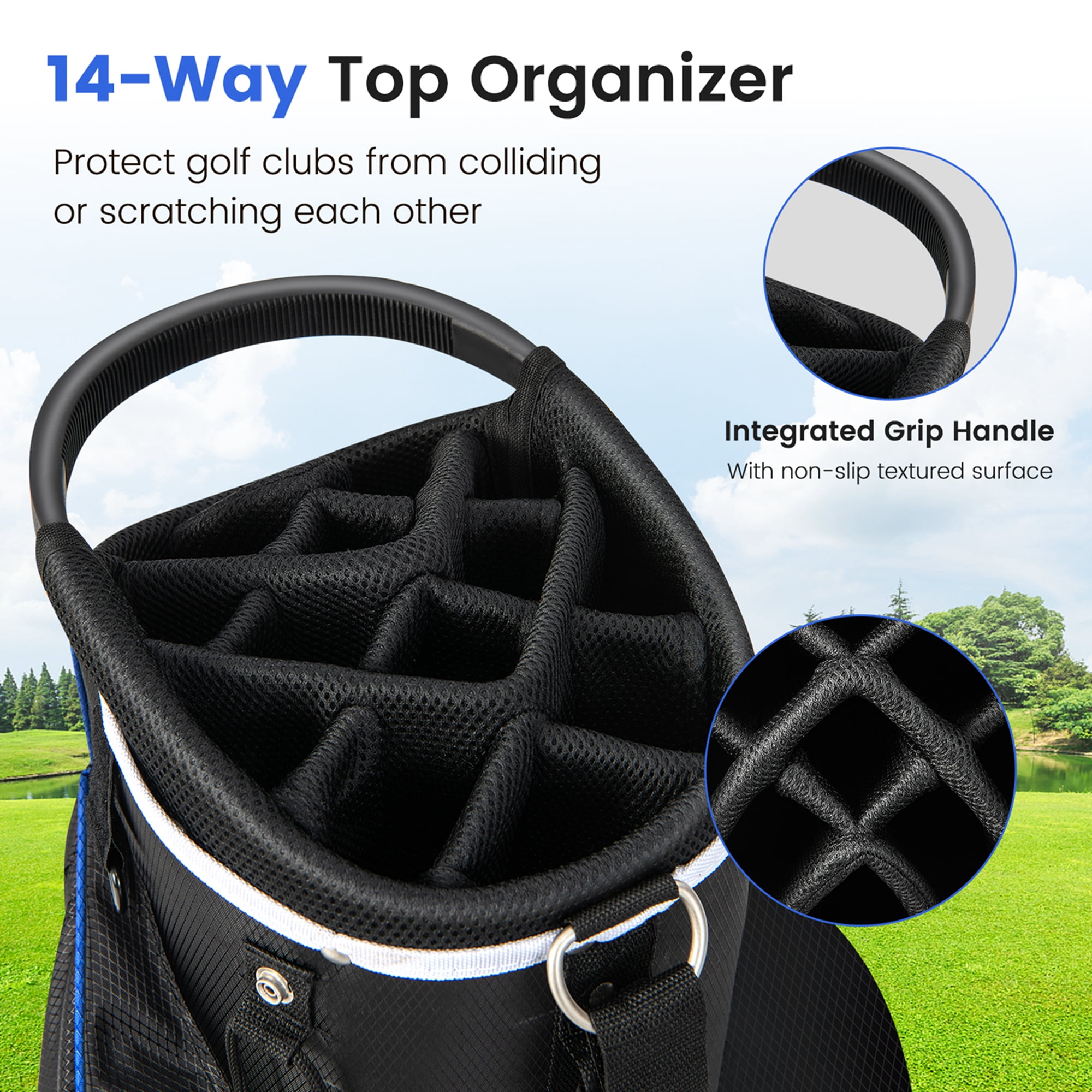 Costway Lightweight Golf Cart Bag with 14 Way Top Dividers 9 Pockets Rain Hood Cooler Bag Blue