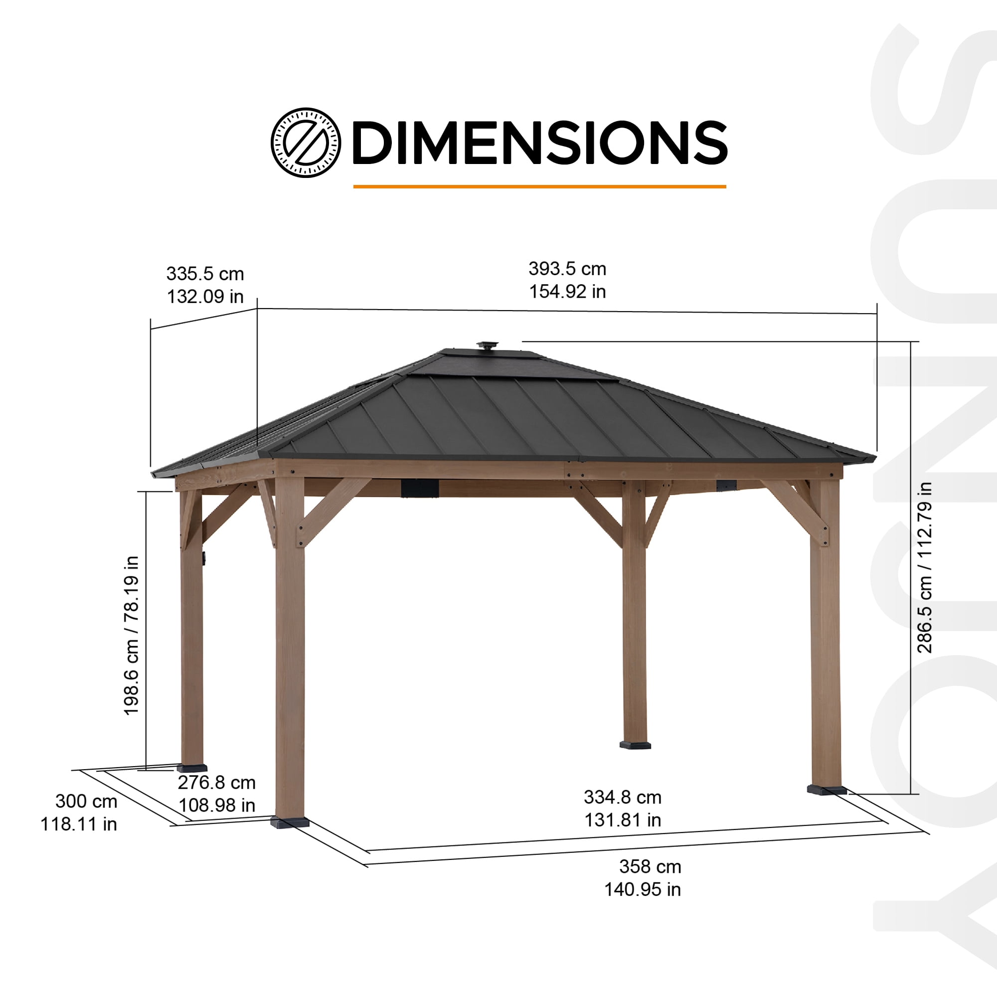 Sunjoy 11’ x 13’ Grayden Wood Gazebo , Outdoor Patio Solar Powered Hardtop Gazebo with One-Tier Metal Roof, LED Light and Ceiling Hook