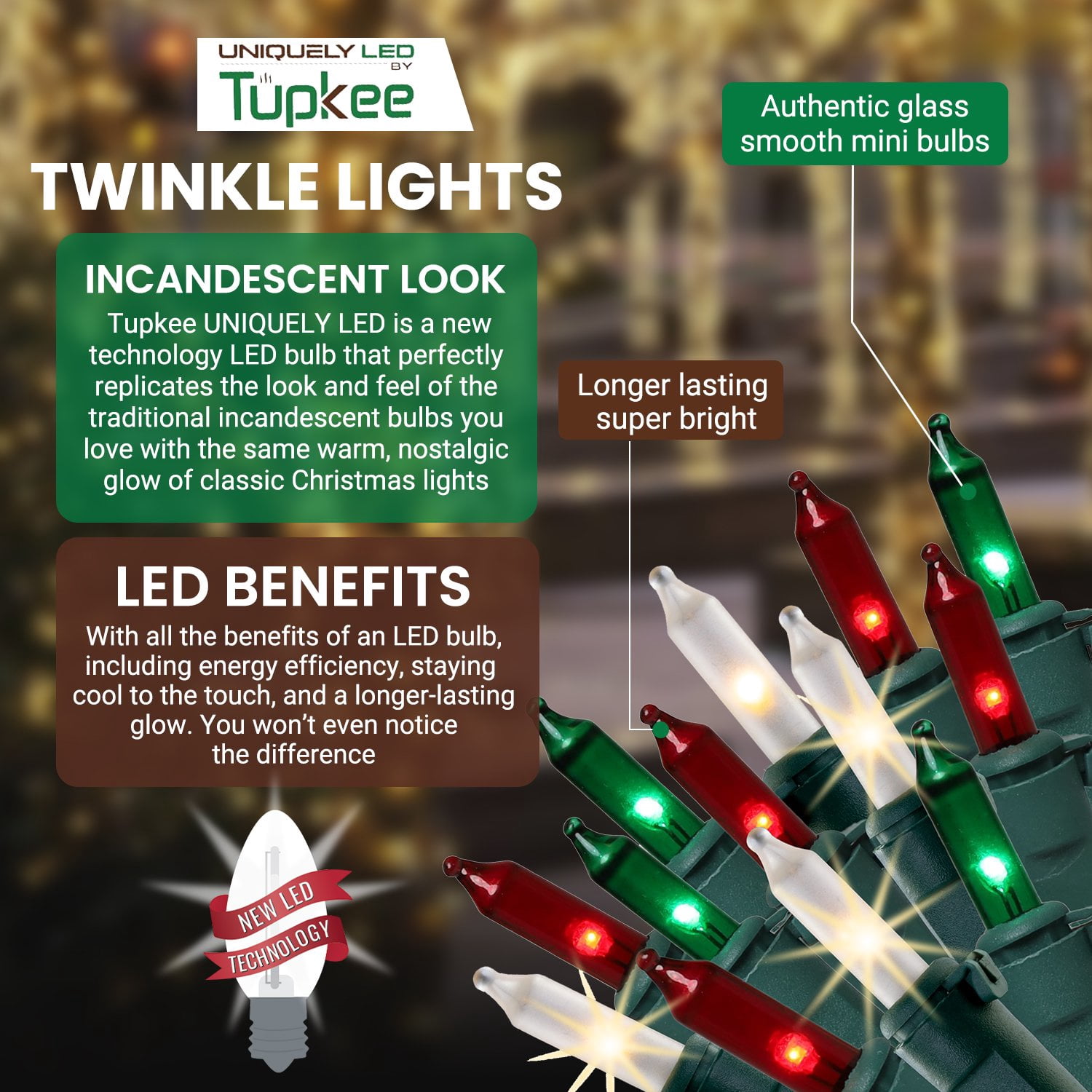 Christmas Uniquely LED Twinkle Lights  Matches Incandescent Exactly - 16 of 100 Lights Twinkling - Indoor Outdoor  100 Red, Green and White Bulbs - 24.75 Feet, Christmas Tree Sparkling Lights String