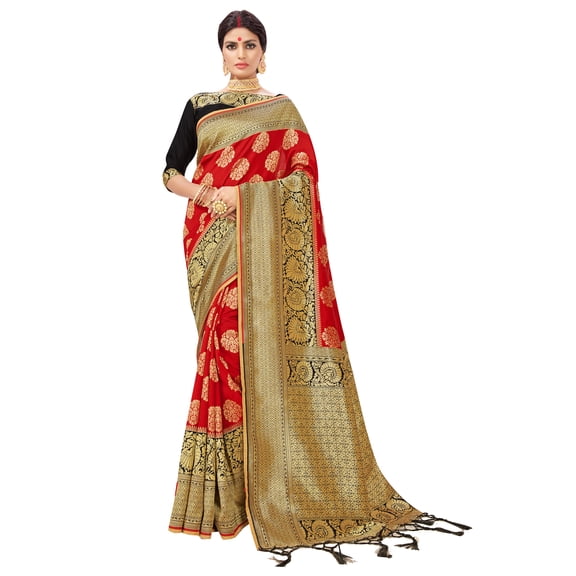 Elina fashion Sarees for Women Banarasi Art Silk Woven Saree l Indian Wedding Traditional Wear Sari and Blouse (Red 2)