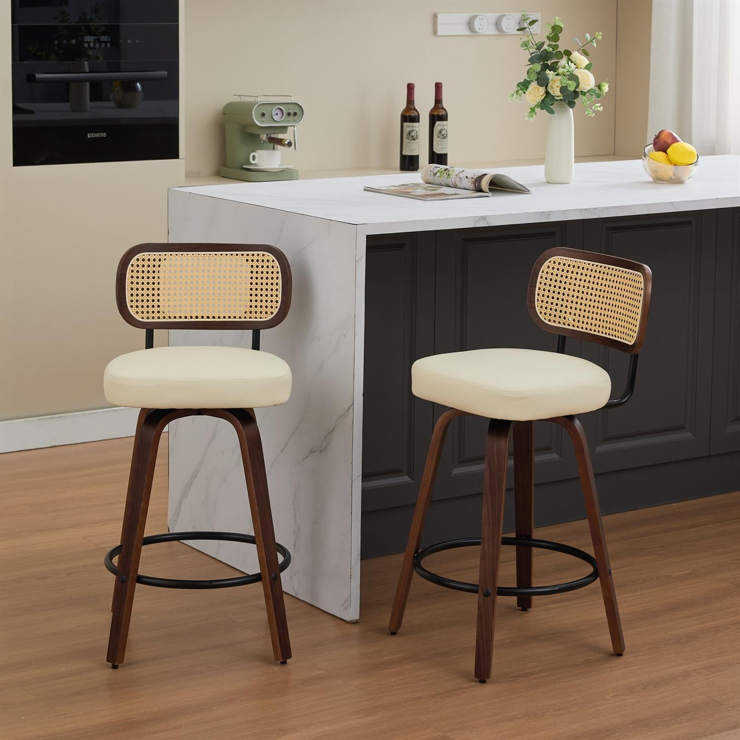 Demi Bonn 35" Swivel Bar Stools Set of 2 with Upholstered Faux Leather, Rattan Back & Bentwood Legs, Counter Height Stools for Kitchen or Bar Seating, Beige