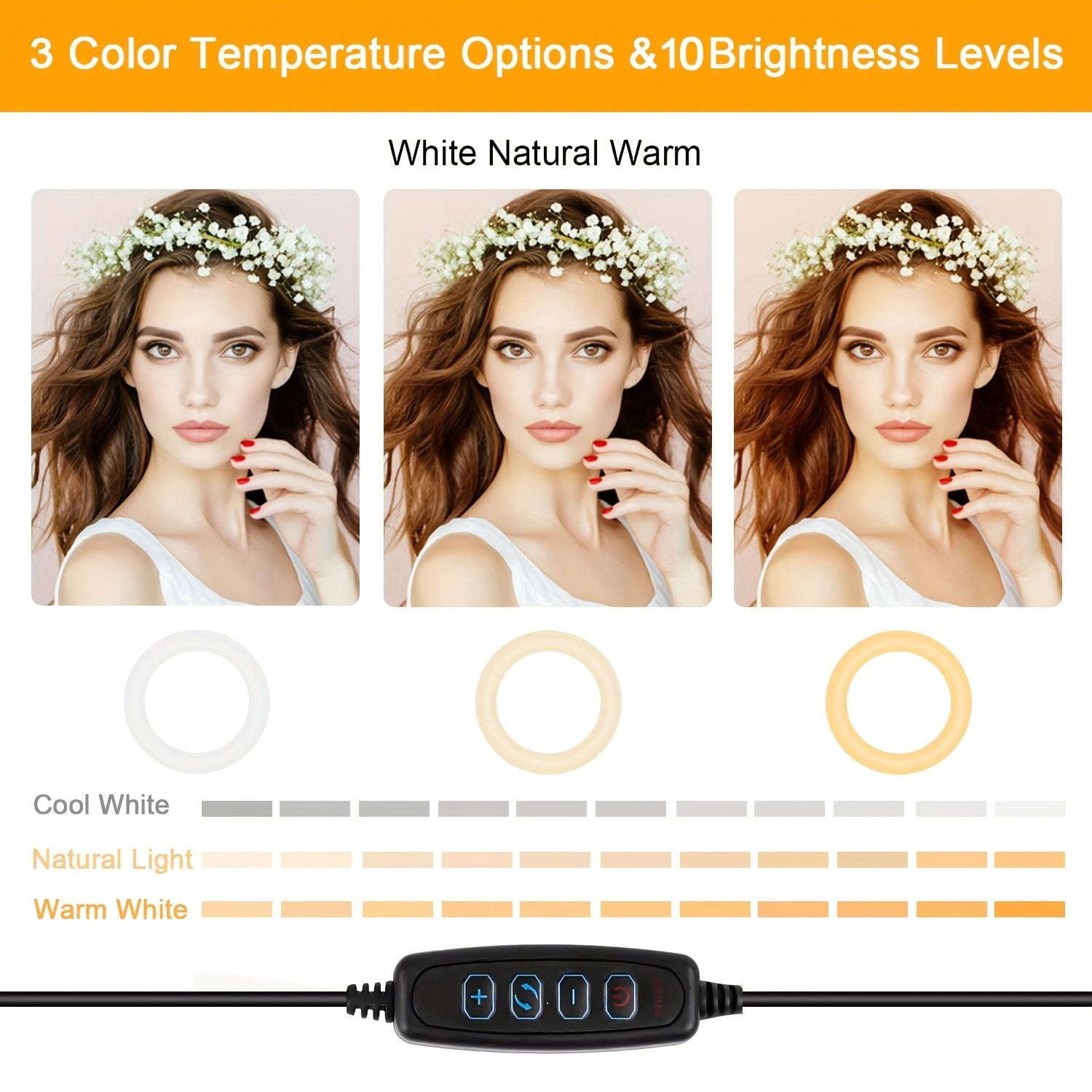 10-inch Ring Light Tripod (63 inches) with Phone Mount — 3 color modes, USB-powered, compatible with iPhone and Android phones, perfect for YouTube, makeup, and TikTok