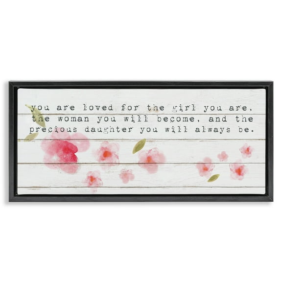 Stupell Industries Precious Daughter with Pink Flowers Art for Kids Painting Black Floater Framed Canvas Art Print Wall Art, 25 x 11