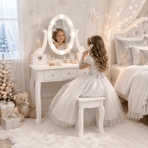 Ktaxon Kids Play Makeup Vanity Set with 3-Color Light, Girls Vanity Dresser Desk with Matching Stool, White