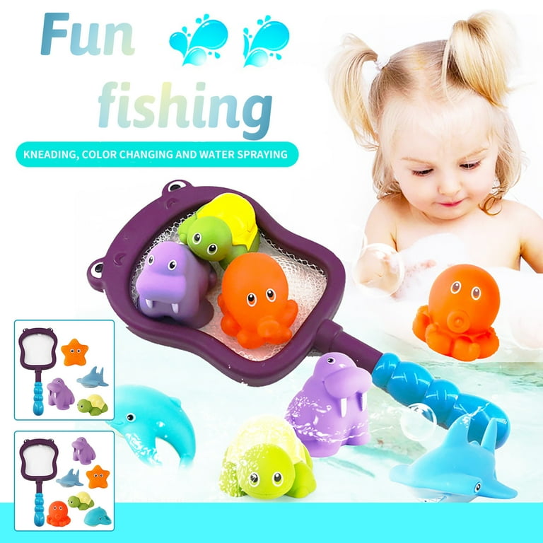 Bath Toy, Fishing Floating Squirts Toy and Water Scoop with Organizer Bag(8  Pack), Funcorn Toys Fish Net Game in Bathtub Bathroom Pool Bath Time for