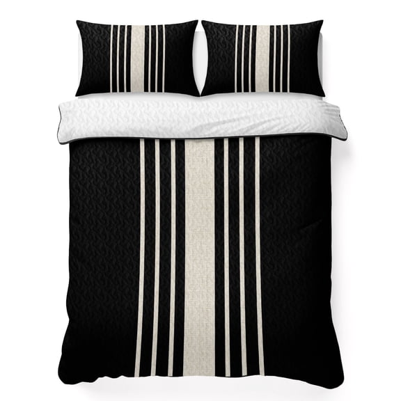 Twin Quilt Set 68''x86'', Black Beige Striped Lightweight Summer Bedspread Coverlet Set with 2 Pillow Shams, Modern Farmhouse Retro Lines Breathable All Season Quilt Bedding for Dorm/Bedroom