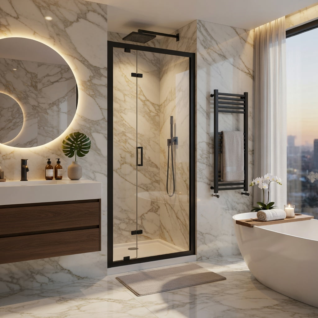 Hommoo Framed Bi-Fold Pivot Shower Door 28" x 72 " Aluminum Frame, 1/4" Tempered Glass, Reversible Left/Right Installation, Space-Saving Folding Shower Enclosure, Black & Transparent