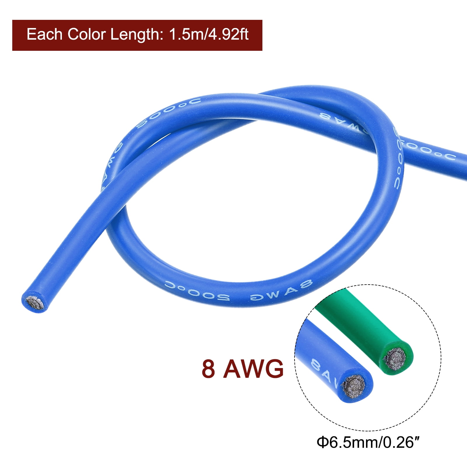 8 Gauge Silicone Wire 8AWG Stranded Wire Tinned Copper Wire High Temp Wire Blue/Green 1.5m/4.92ft 2pcs
