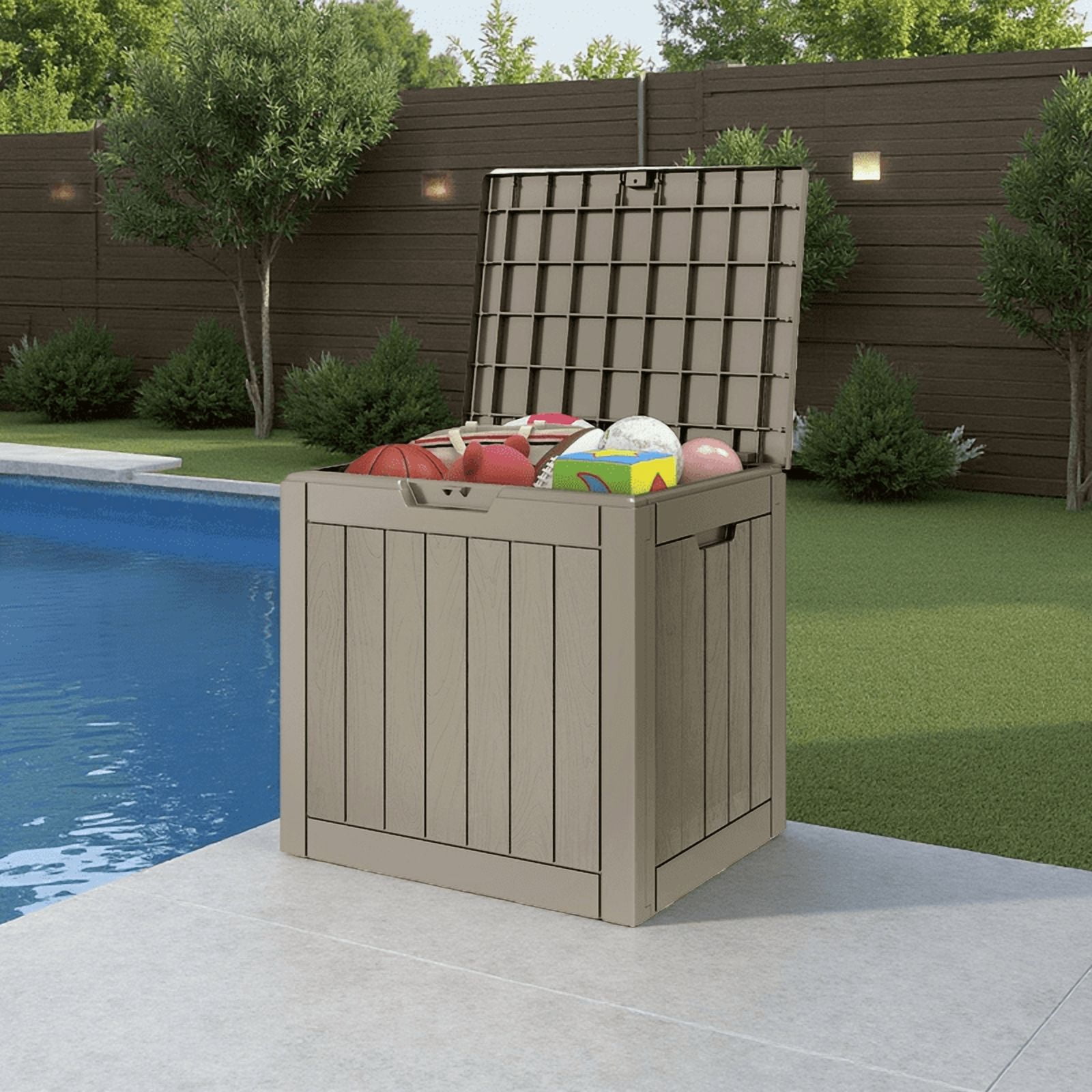 Uforic 30 Gallon Outdoor Storage Box, Weatherproof Lockable Resin Deck Box for Patio Furniture, Pool Accessories, Garden Tools and Supplies, Brown