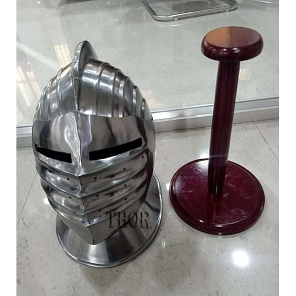 THOR INSTRUMENTS Medieval Vintage Silver Bascinet Pig Face Armor Helmet Halloween Reenactment Replica With Stand