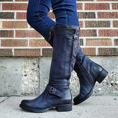 YOTAMI Boots for Women 2022 Fashion Large Size Boots Women Autumn Long Tube Low Heeled Shoes Boots Knight Boots Dark Blue