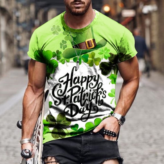 Goodtrade8 Big and Tall Mens St Patricks Shirts Short Sleeve Crew Neck Graphic Tee Casual Vacation Clover Men's T-Shirt