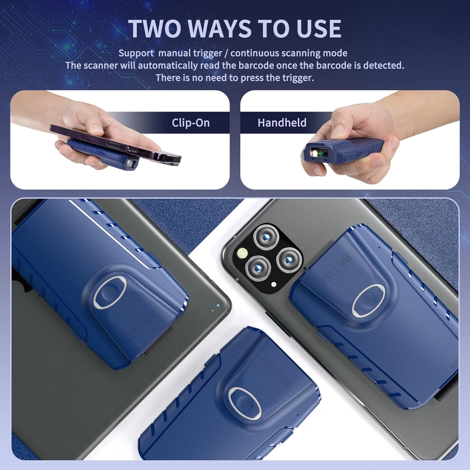 NETUM Bluetooth 2D Barcode Scanner, 3-in-1 Wireless Portable QR Bar Code Reader Work with Tablet Smart Phone for Warehouse Inventory POS-E950 (Blue)