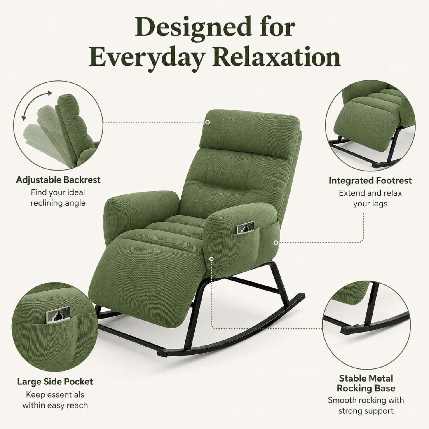 Modern Rocking Chair with Retractable Footrest, Upholstered Lounge Chair with Side Pocket, Plush Fabric, for Living Room Bedroom