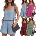thumbnail image 2 of Quixlent 2 Pcs/Set Women Vest Shorts Set Square Neck Sleeveless Loose Solid Color A-line Pants Casual Homewear Commute Two-piece Top Trousers Set, 2 of 8