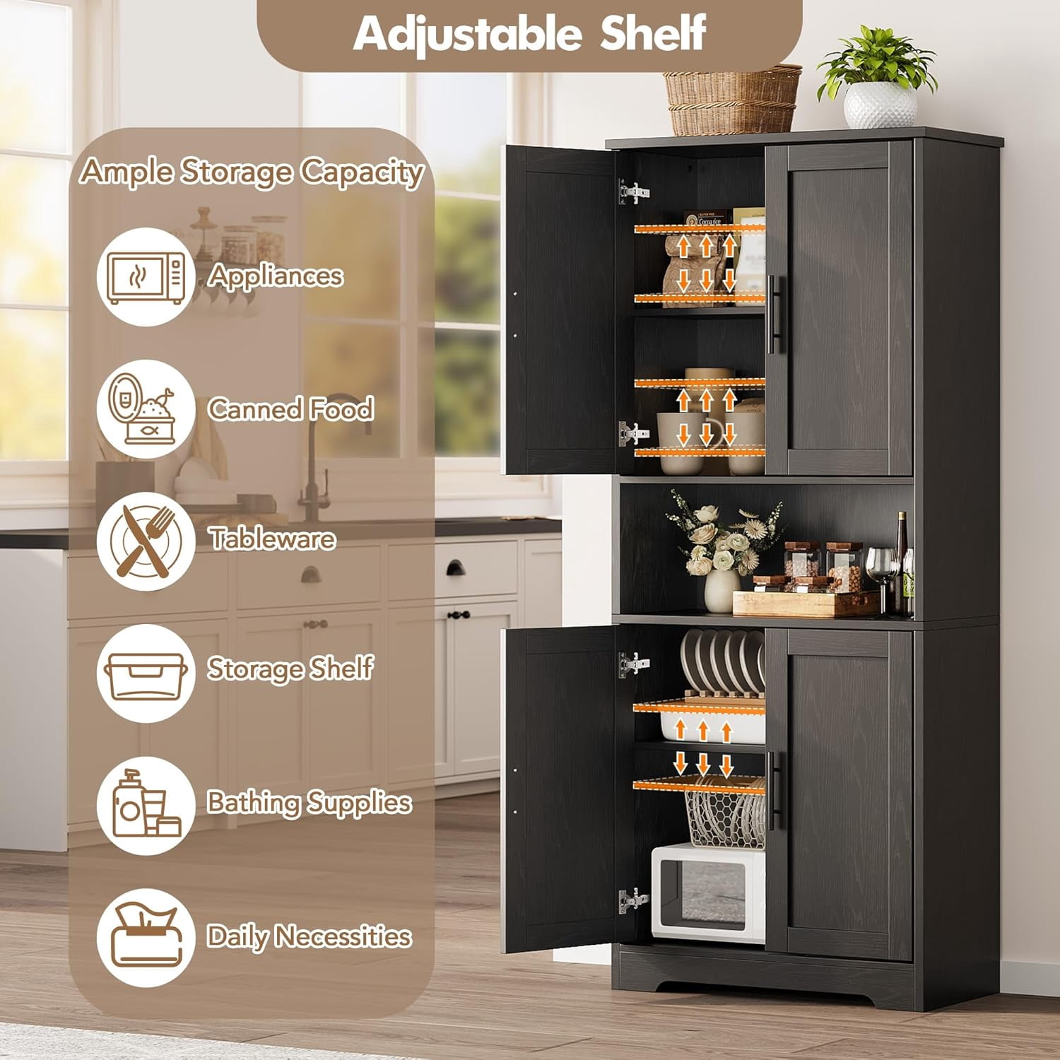 70-Inch Tall Kitchen Pantry Cabinet with 4 Doors and Adjustable Shelves, Freestanding Utility Hutch Cupboard, Black